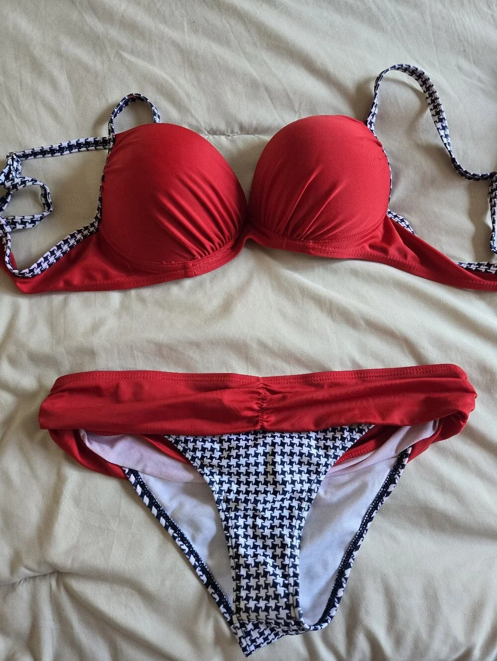 Red Houndstooth-Trim Two-Piece Bikini Set